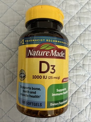 Nature Made Vitamin D3 1000 Iu (25 Mcg), Dietary Supplement 180ct Exp. 07/2027