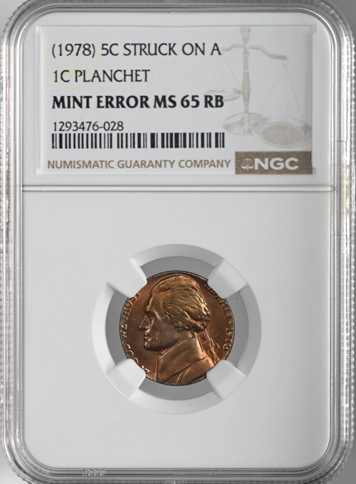 1978 5C JEFFERSON NICKEL STRUCK ON 1C PLANCHET MINT ERROR NGC MS65RB 1293476-028 - Image 2 of 4