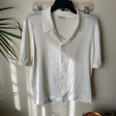 Sandro Men s Short Sleeve Shirt in Cream Size M Button Down Knit Boxy Shirt