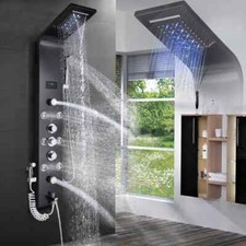 Black Shower Panel Tower System LED Rain Waterfall Shower Head w/Handheld Shower