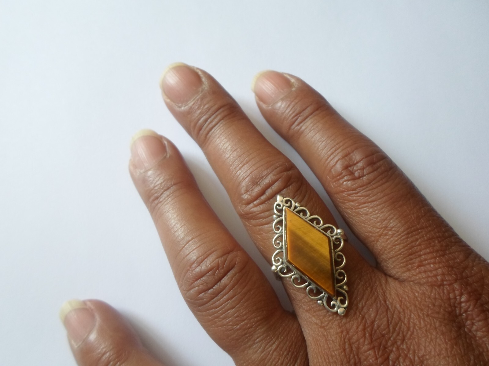 solid silver ring, tiger eye triangle, openwork o… - image 3