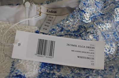 Robe Cocktail Erdem Elga Bleu Et Blanc Dentelle Paillettes - Taille US 6/8 (UK 10/12) | Robe Neuve Avec étiquettes
