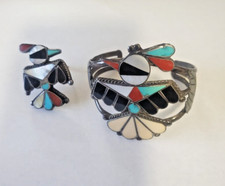 Native American Onyks Turkus MoP Koralowy Thunderbird Bransoletka Pierścień Zestaw