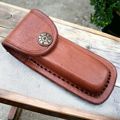 NEW Folding Pocket Knife Sheath 4'' Brown Genuine Leather Belt Case