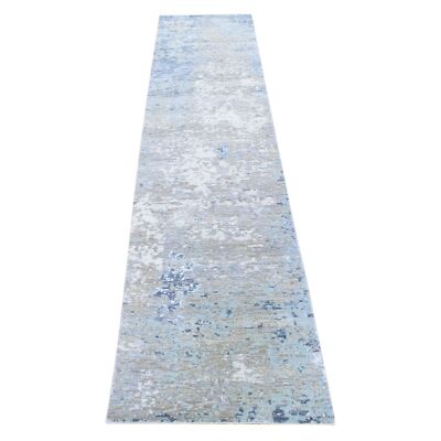 2'6''x11'10'' Gray Pure Wool Modern Abstract Design Hand Knotted Runner Rug R80179