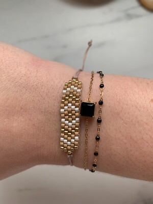 Schmuck Armband Japanische Miyuki Perlen auf Kordel gewebt, weiß-beige-gold