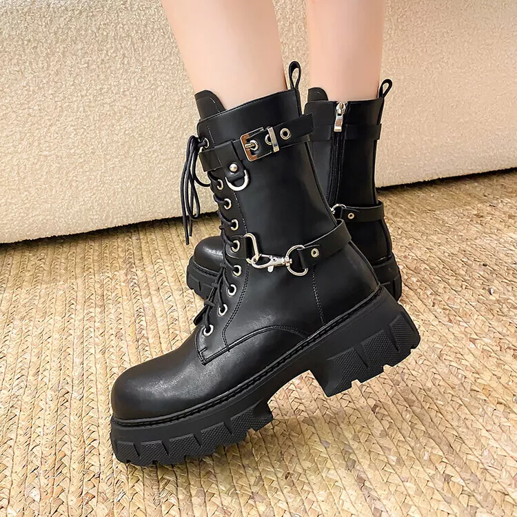 Womens New Leather Buckle Strap Lace Up Platform Mid Calf Combat Boots Shoes SUN