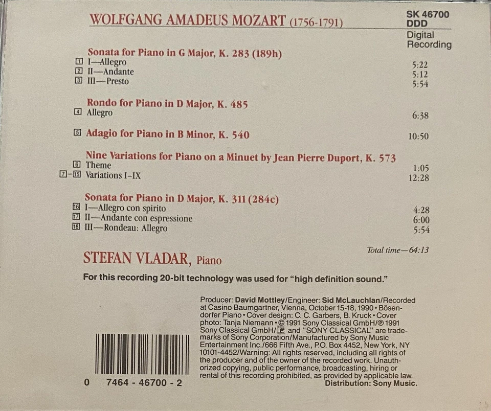 Mozart: Piano Sonatas - Stefan Vladar (CD, Sony 1991) Foto 2 de 4