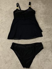 Tankini 2 Pc Swimsuit Women  s 2XL Black Mesh Built In Bra Gold Accents Bottoms