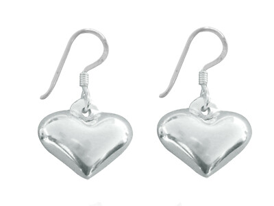 Sterling Silver Shiny Heart Dangle Drop Earrings Hook Clasp
