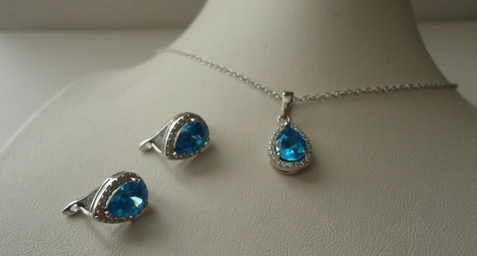 JUEGO DE COLGANTES Y PENDIENTES DIAMANTES Y TOPACIO SIMULADOS DE LABORATORIO/PLATA DE LEY 925 Foto 2 de 4