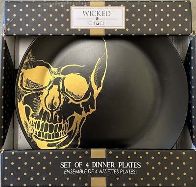 CIROA WICKED METALLIC GOLD SKULL DINNER PLATES SET OF 4