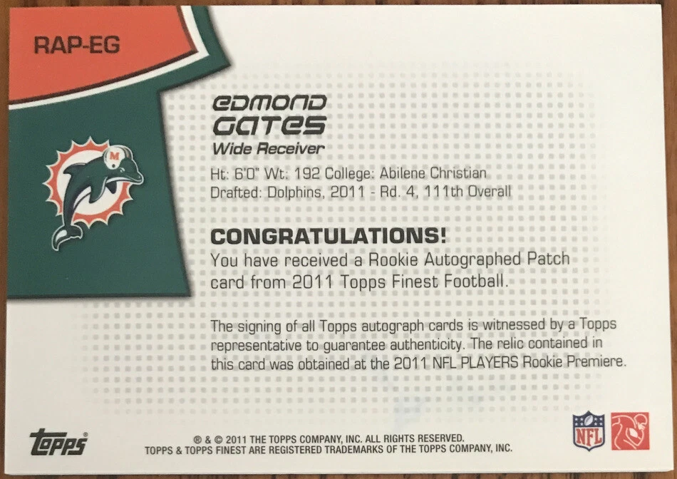 2011 Topps Finest Rookie Patch Autographs Edmond Gates RAP-EG #’d 027/599 - Image 2 of 2