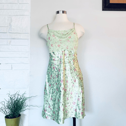 Vintage VTG Y2K Green Floral Mini Slip Dress Sati… - image 1