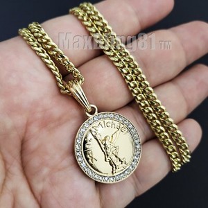 Authentic Gold Plated Saint Michael Archangel Pendant 18" ~ 24" Cuban Chain Necklace