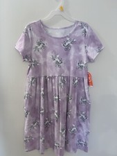 NWT Wonder Nation Girls Tie Dye Unicorn Dress Sz L Short Slv Purple Pockets
