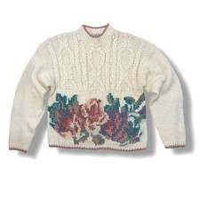 Vintage 1990's Cottagecore Hand Knit Pink Floral Cable Sweater Grandma Granny L