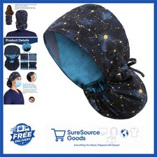 Cotton Satin Lined Scrub Hat with Ponytail Hole  Buttons, Galaxy Dreams Design