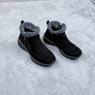 Skechers Easy Going Cool Zip Ankle Boots Womens 7.5 Black Suede Faux Fur Bootie