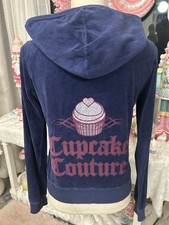 RARE Y2K Juicy Couture Blue Velour Zip Hoodie Tracksuit Jacket CUPCAKE COUTURE L