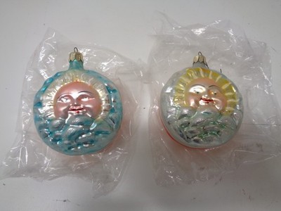 Vintage Radko Dawn Dusk Sun Moon Glass Christmas Ornaments Set of 2