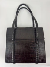 Bally Shoulder Bag Womens Dark Brown Croc Embossed Tote Leather Braided Handles