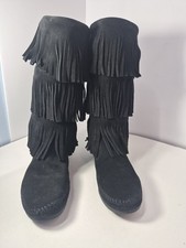 Minnetonka Women's 3-Layer Fringe Mid-calf Moccasin Boots Black Suede Size 8