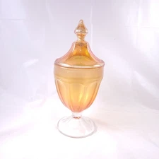 Orange Married Piece Glass Pedestal Footed Candy Dish And Lid 