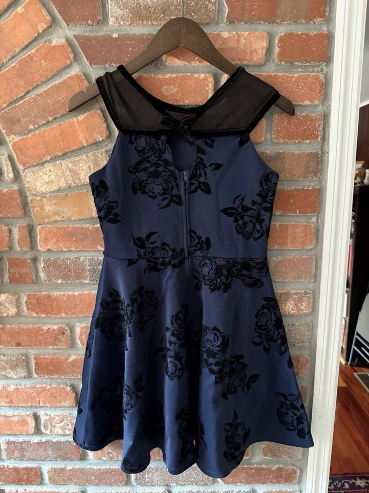 Vestido Zunie Niños Niñas Azul Marino Terciopelo Malla Flocada Fiesta Navidad Talla 14 Foto 2 de 4