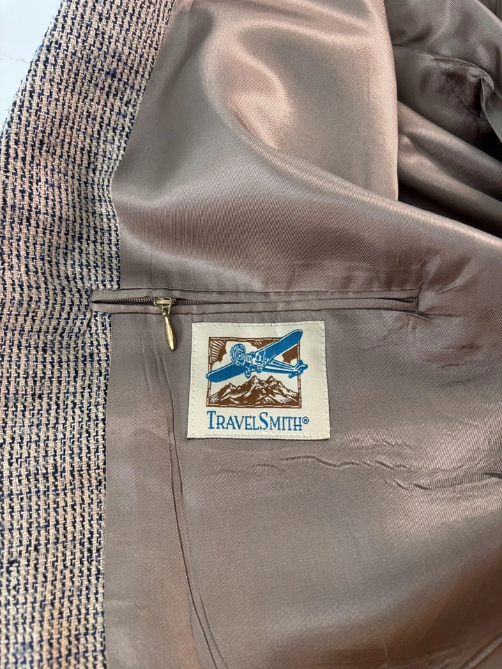 Abrigo/chaqueta deportiva TravelSmith vintage usada en excelente estado tweed 48R azul/bronceado/negro/gris EE. UU. Foto 4 de 4