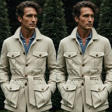 Men Safari Jackets With Belt Four Pockets Work Outwear Men Hunting Coat