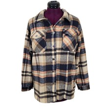 Women's Blue Tan Plaid Flannel Shacket Jacket  Size Medium