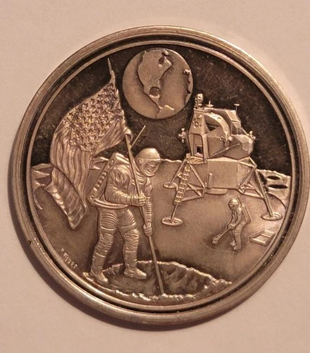 ALDRIN ARMSTRONG COLLINS 1969 LANDING ON THE MOON .999 Silver Coin Proof BU