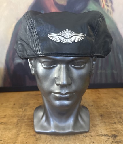 Harley-Davidson Medium Black Leather Newsboy Cabbie Cap 100th Anniversary
