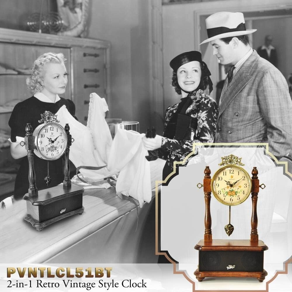 Pyle 2-in-1 Retro Vintage Style Clock & Bluetooth Stereo Speaker System