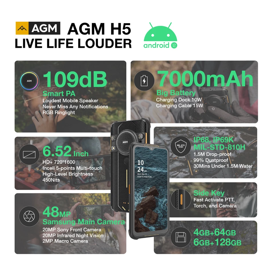 AGM H5 64GB/128GB ROM 7000MAH Rugged Smartphone Unlocked Phones Dual SIM Android - Image 4 of 4