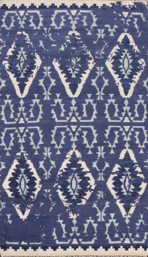 Alfombra geométrica moderna abstracta de área oriental azul marino lana/seda hecha a mano 5x8 pies - Imagen 1 de 12