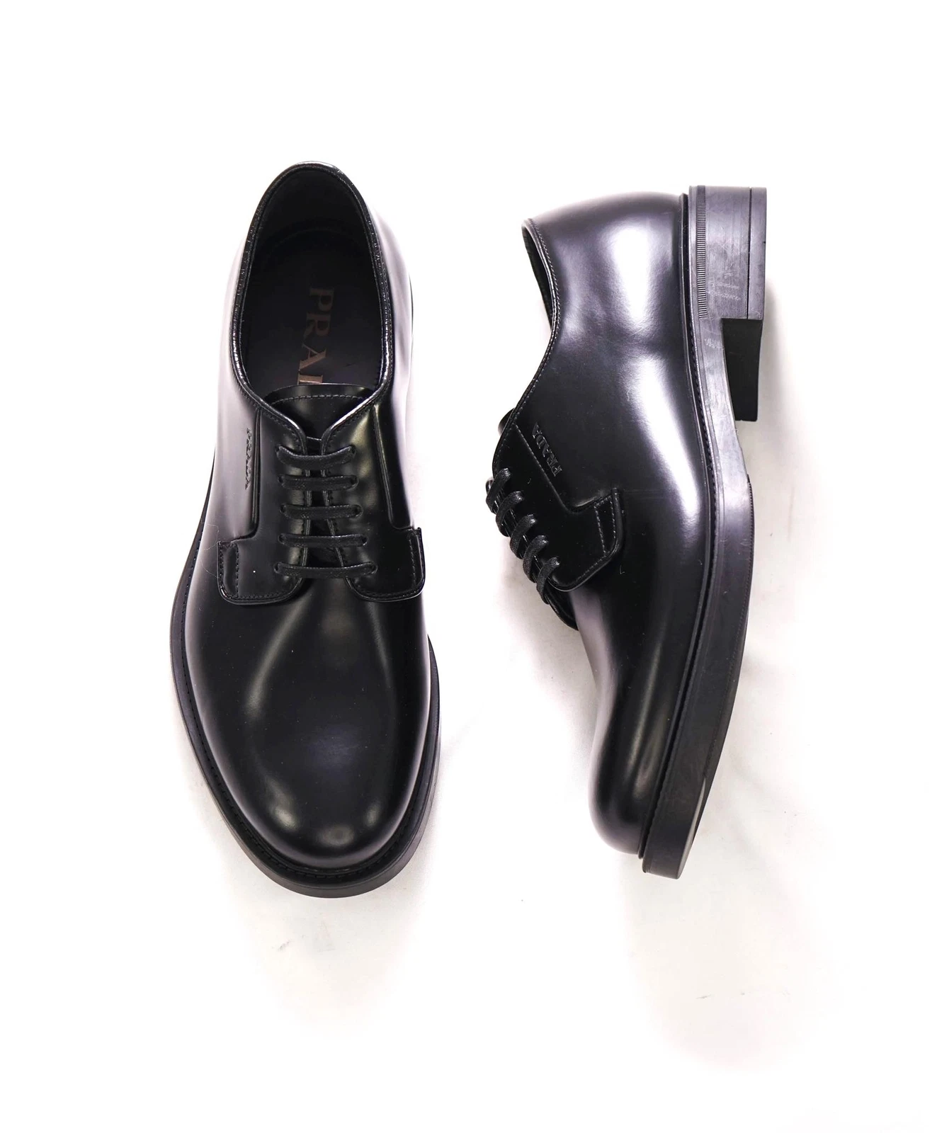 $1.150 PRADA Stringate derby derby in pelle nera spazzolata lucida 6 5 US (5 5 Prada