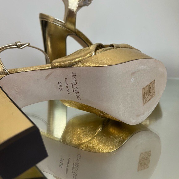 【Jimmy Choo】ヘロイーズ120 ゴールドプラットフォームサンダル HELOISE 120 | Gold Metallic Nappa Leather Platform Sandals