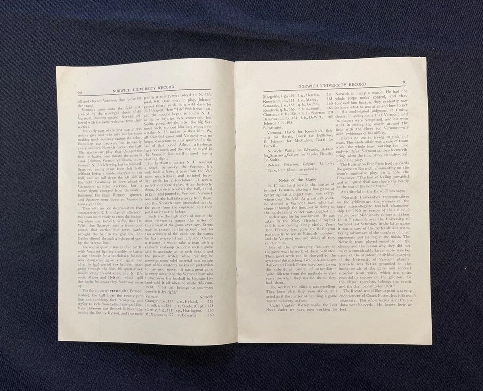 1920 Norwich University Record Northfield Vermont College Football