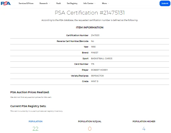 1993-94 Topps Finest Refractor #175 Robert Horry PSA 9 solo 4 calificaciones superiores Foto 3 de 3