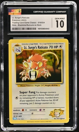 CGC 10 GEM MINT Lt. Surge's Raticate 016/034 TCG Classic Blastoise Deck Pokémon