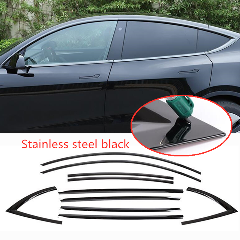 Stainless black Car Window Strip Cover Trim 10P Fit For 2020-2023 Tesla Model Y