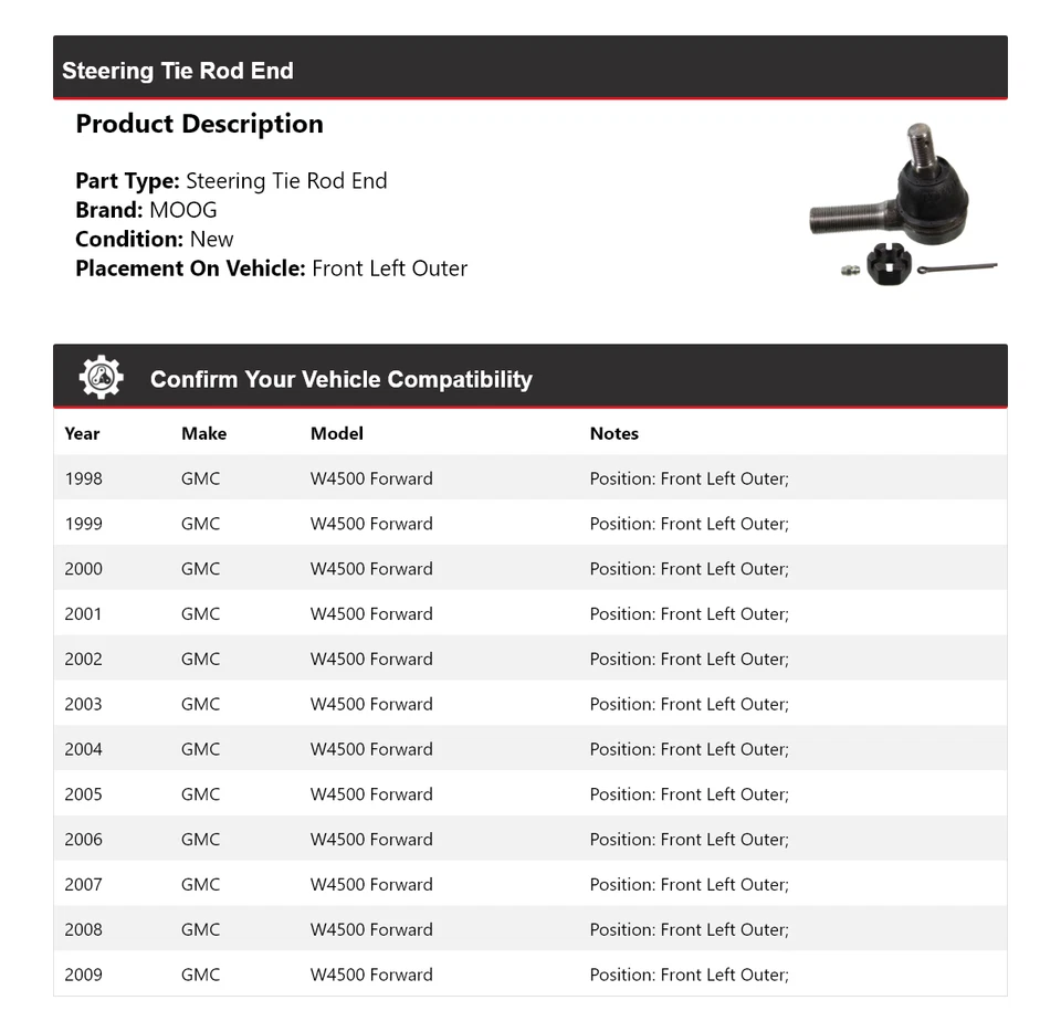 Extremo de barra de amarre de dirección delantera izquierda exterior MOOG 1998-2009 GMC W4500 Foto 2 de 4
