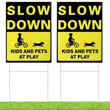2x Double Sided Street Slow Down Caution Kids and Pets at Play Sign, 15.7"x11.8"