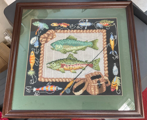 Vintage Large Framed Tapestry Fish Anglers Flies Rod Bag unusual 19.5in x 18.5in - Picture 2 of 12