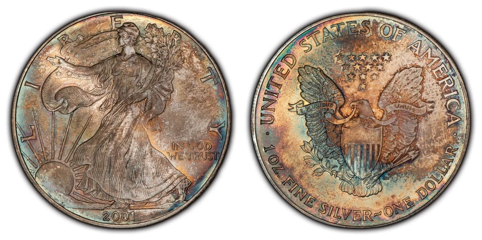 2001 1 oz Silver American Eagle - PQ Monster Rainbow Toning - PCGS MS 68 - E2973 - Image 4 of 4