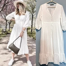 ZARA NWT WOMAN CUTWORK EMBROIDERY WHITE V-NECK MIDI DRESS REF. 3149/943 SIZE XS