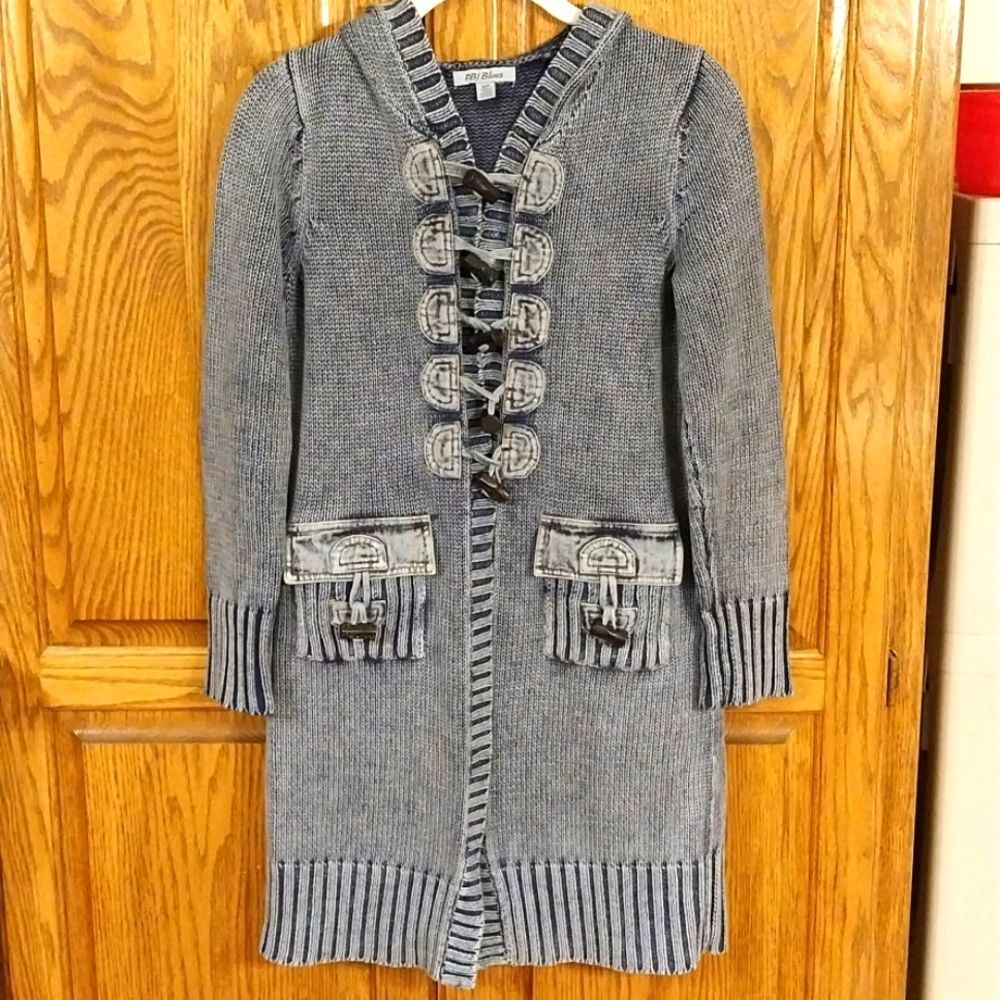PBJ Blues NWOT Women's SP Knit Denim Acid Wash Blue Gray Long Cardigani Sweater