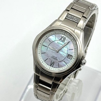 Seiko V182 0AA0 Solar Titanium Ladies Wristwatch Shell Dial Timepiece